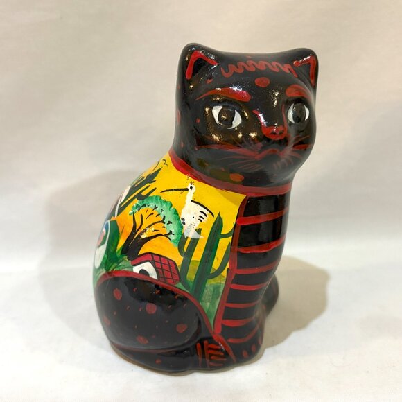 Mexican Talavera Folk Art Pottery Hand Painted Cat Piggy Bank Coin Bank - Picture 1 of 7